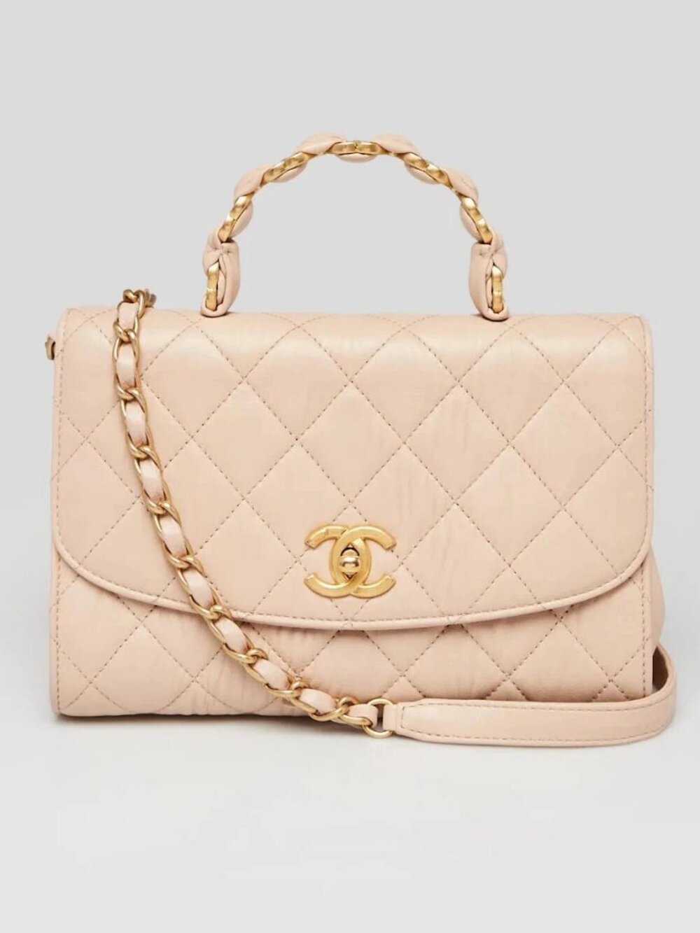 Chanel Beige Quilted Crumpled Lambskin CC Links Top Handle Flap Bag